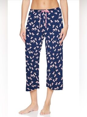 NWT HUE Women’s Printed Knit Long Pajama Sleep Pant Navy with Pink Chair Print